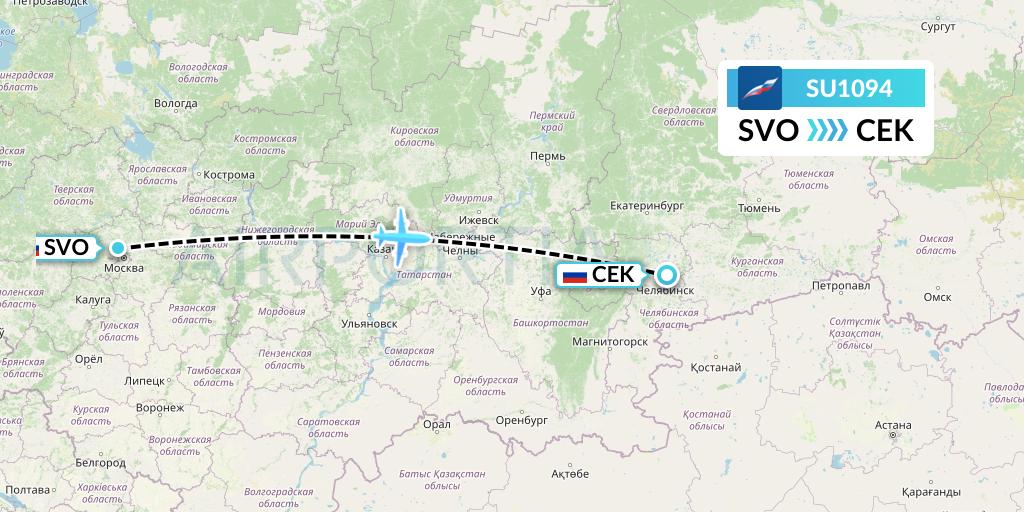 SU1094 Aeroflot Flight Map: Moscow to Chelyabinsk