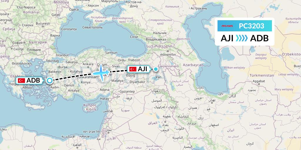 PC3203 Pegasus Airlines Flight Map: Agri to Izmir