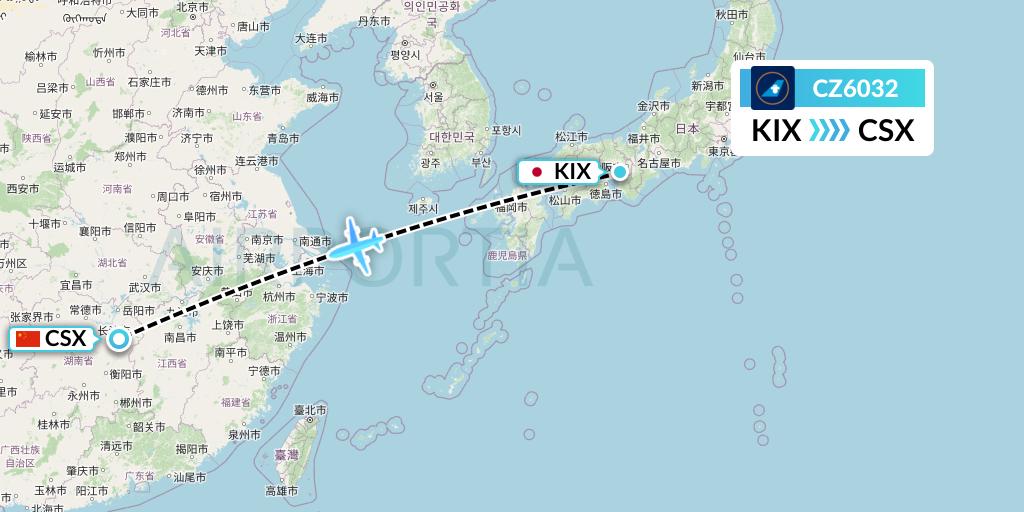 CZ6032 China Southern Airlines Flight Map: Osaka to Changsha