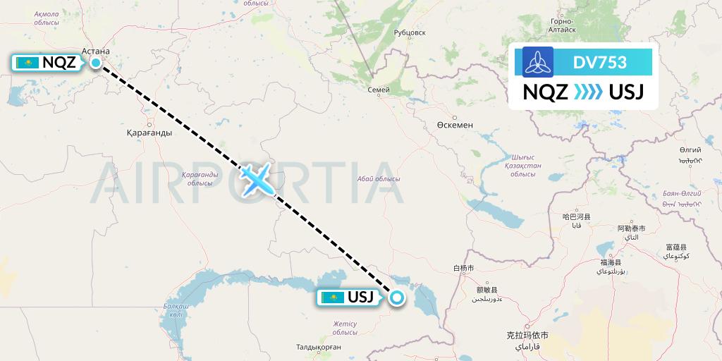 DV753 SCAT Flight Map: Astana to Taldy Kurgan