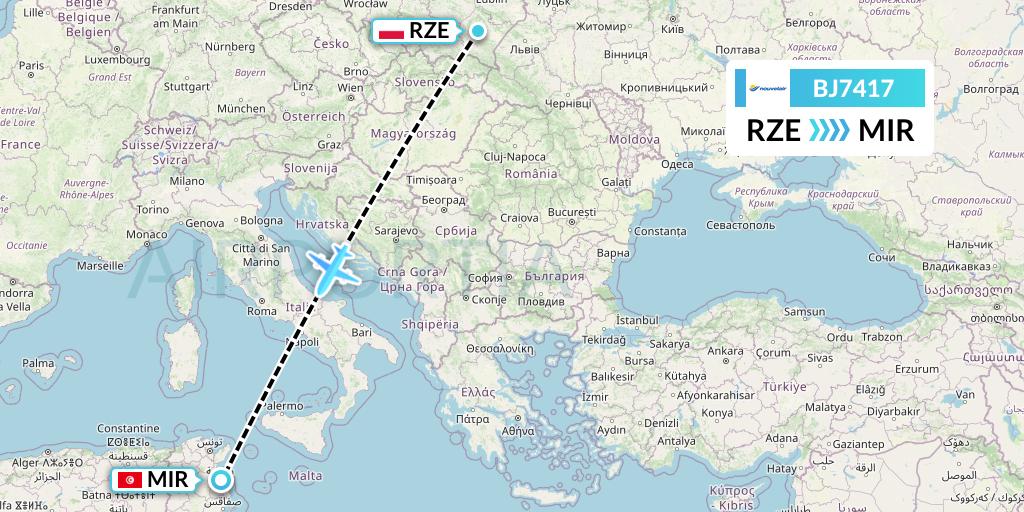 BJ7417 Nouvelair Tunisie Flight Map: Rzeszow to Monastir