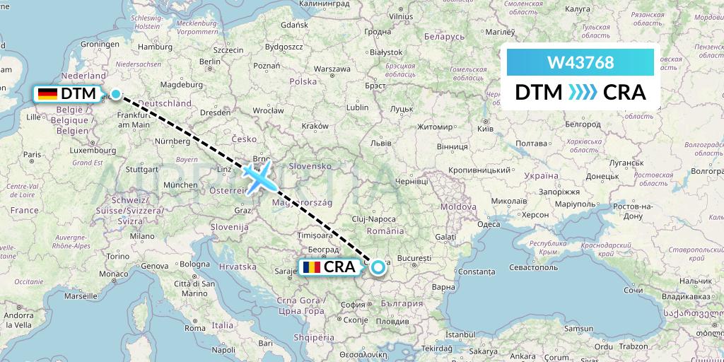 W43768 Wizz Air Malta Flight Map: Dortmund to Craiova