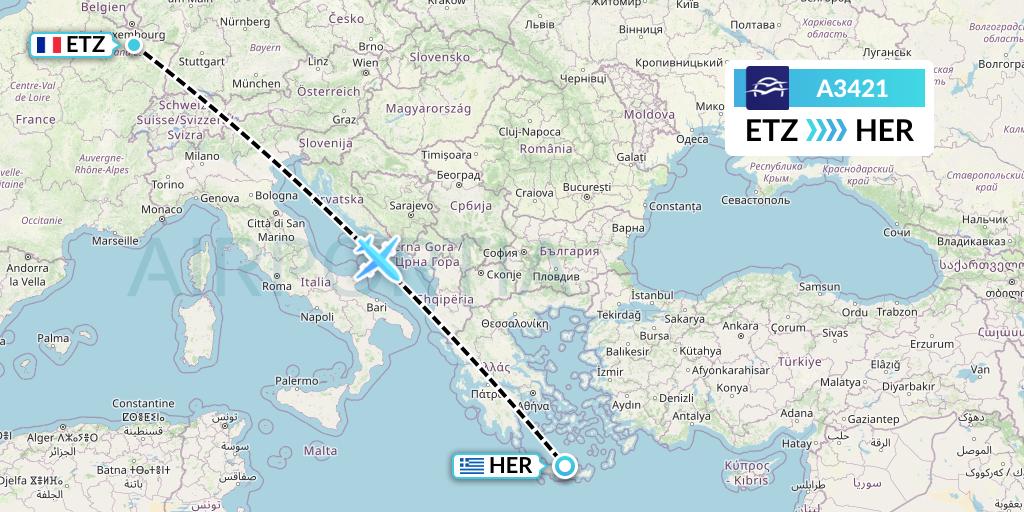 A3421 Aegean Airlines Flight Map: Metz-Nancy to Heraklion