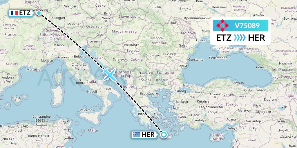 V75089 Volotea Flight Map: Metz-Nancy to Heraklion