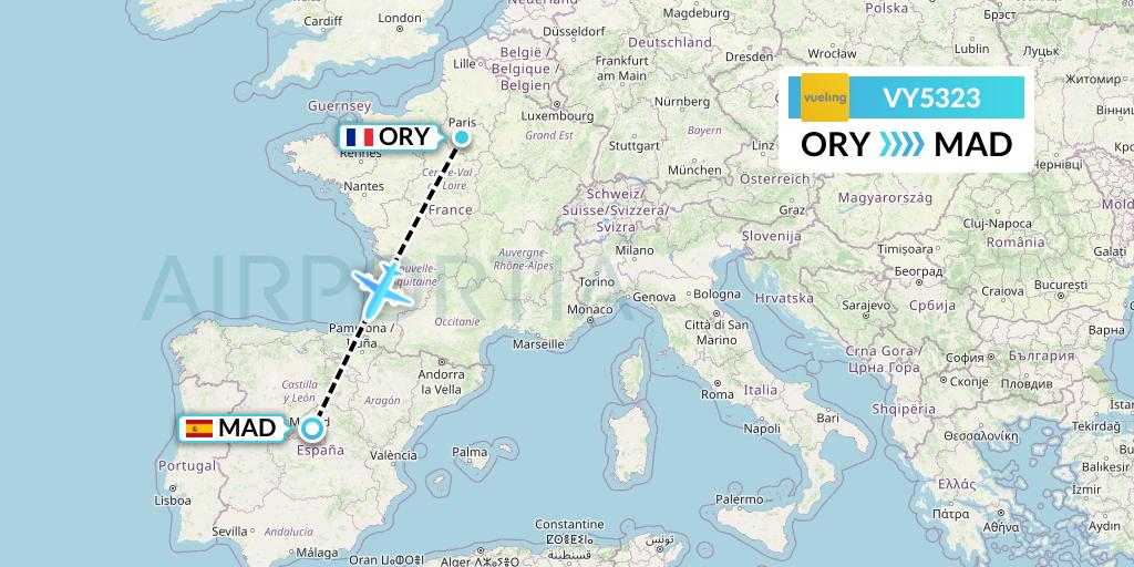 VY5323 Vueling Flight Map: Paris to Madrid