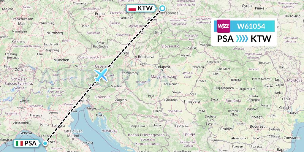 W61054 Wizz Air Flight Map: Pisa to Katowice