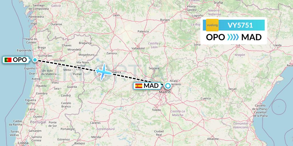VY5751 Vueling Flight Map: Porto to Madrid