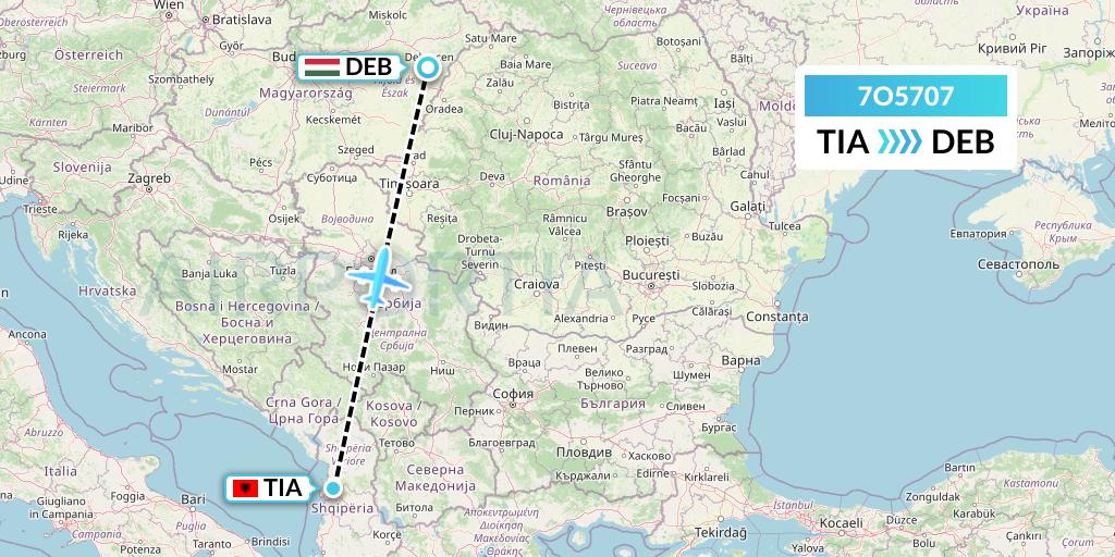 7O5707 Travel Service Hungary Flight Map: Tirana to Debrecen