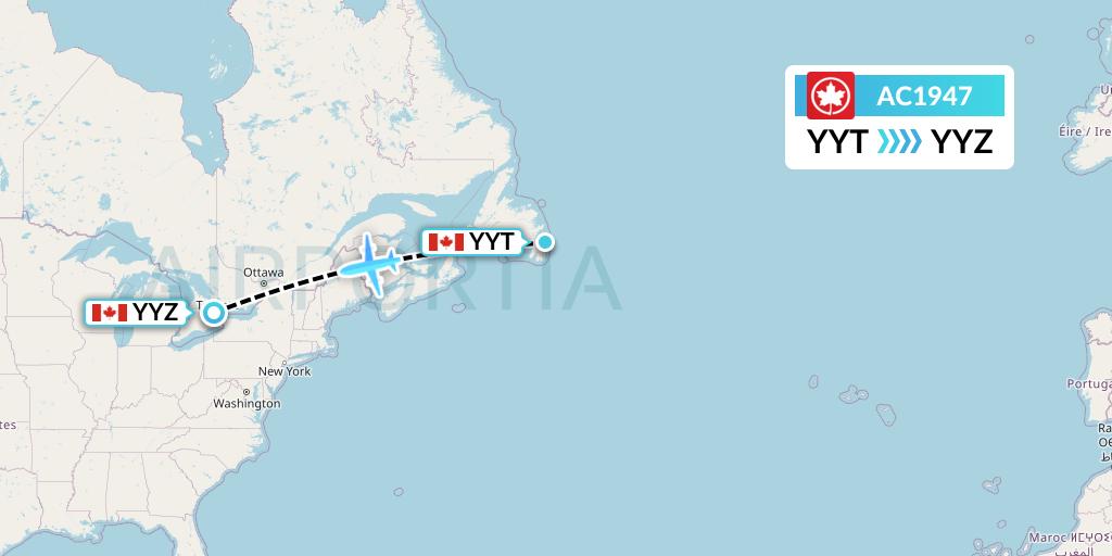 AC1947 Air Canada Flight Map: St. John's to Toronto