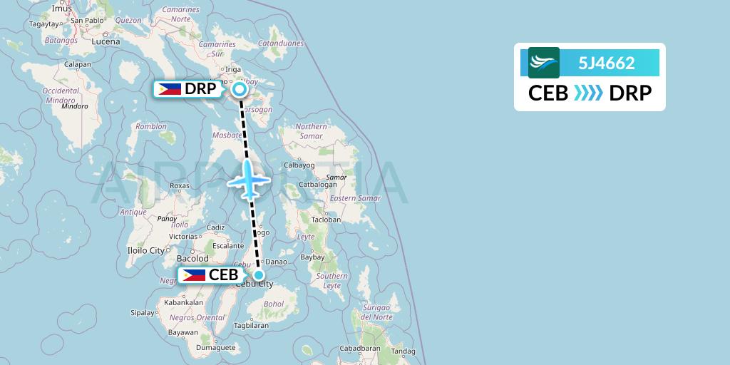 5J4662 CEBU Pacific Air Flight Map: Cebu to Legazpi