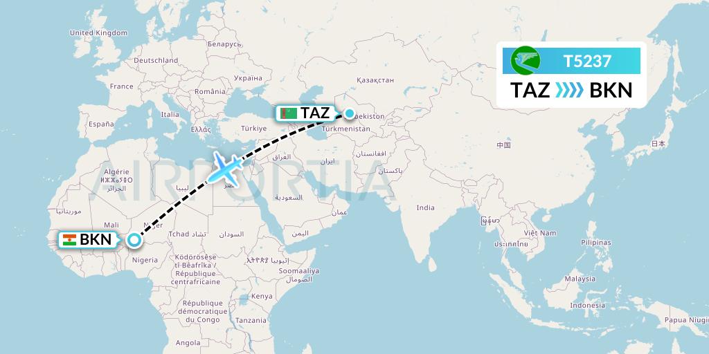 T5237 Turkmenistan Airlines Flight Map: Dasoguz to Birni Nkoni