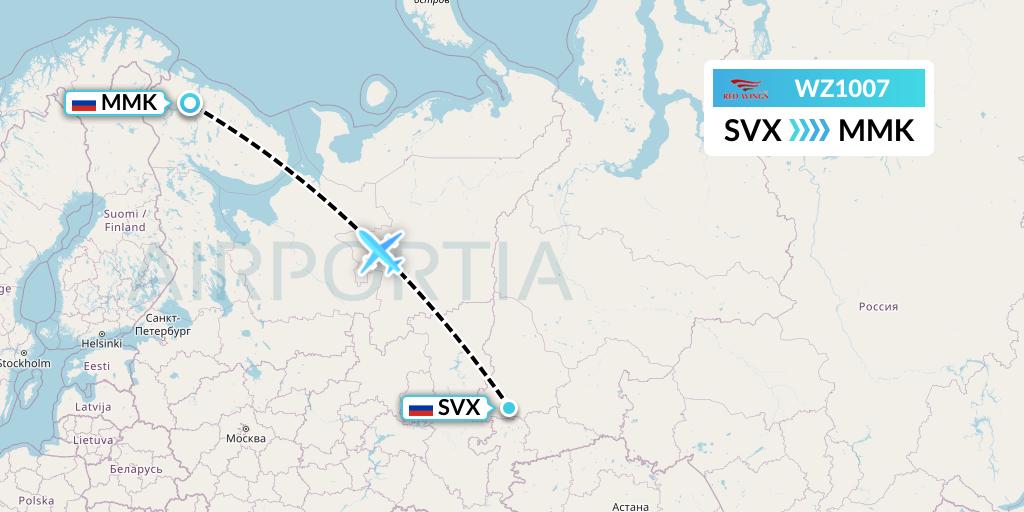 WZ1007 Red Wings Flight Map: Yekaterinburg to Murmansk
