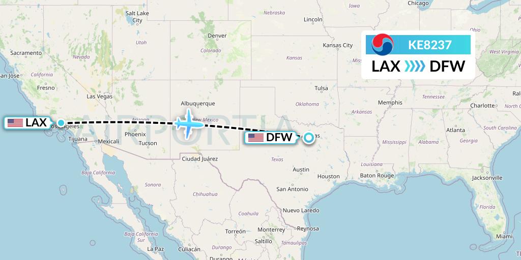 KE8237 Korean Air Flight Map: Los Angeles to Dallas