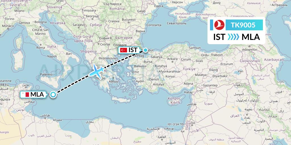 TK9005 Turkish Airlines Flight Map: Istanbul to Malta