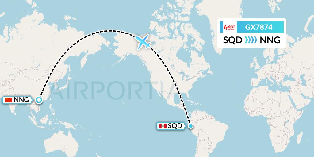 GX7874 GX Airlines Flight Map: San Francisco de Yeso to Nanning