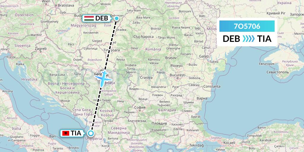 7O5706 Travel Service Hungary Flight Map: Debrecen to Tirana