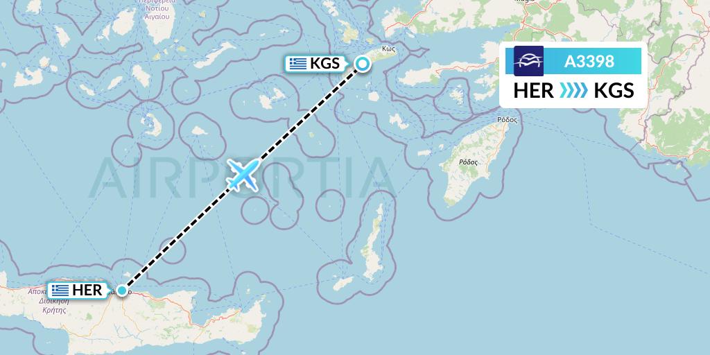 A3398 Aegean Airlines Flight Map: Heraklion to Kos