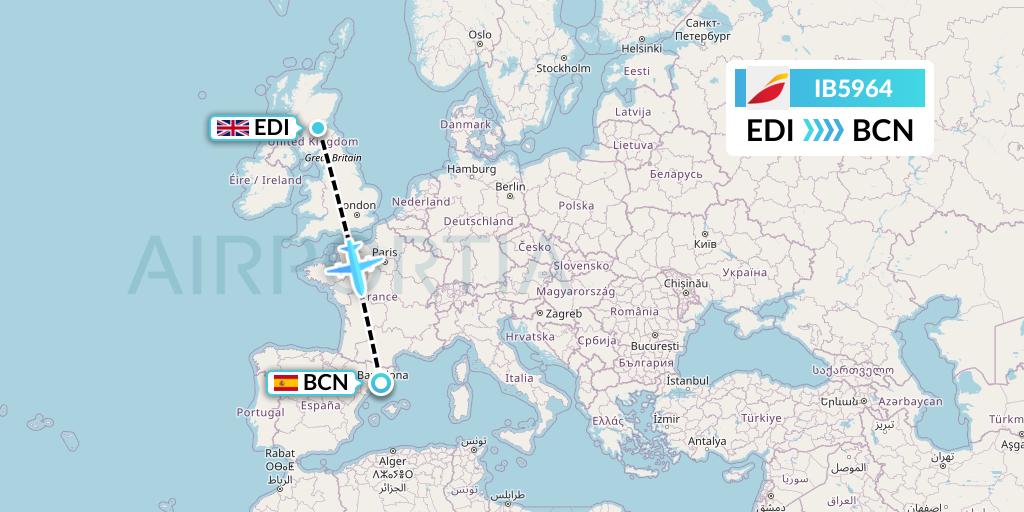 IB5964 Iberia Flight Map: Edinburgh to Barcelona