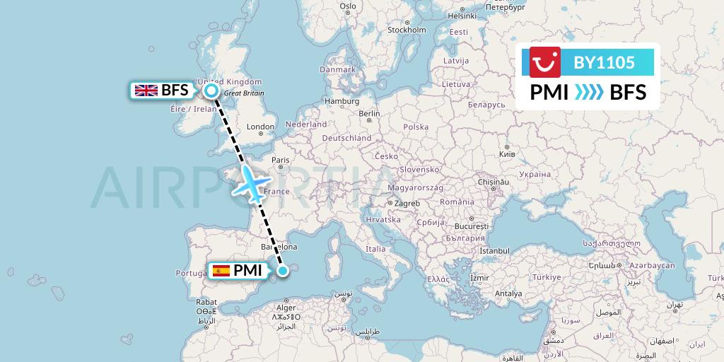 BY1105 TUI Airways Flight Map: Palma de Mallorca to Belfast