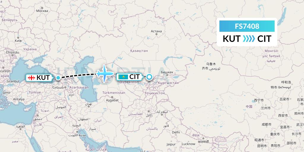 FS7408 Flyr Flight Map: Kutaisi to Shymkent