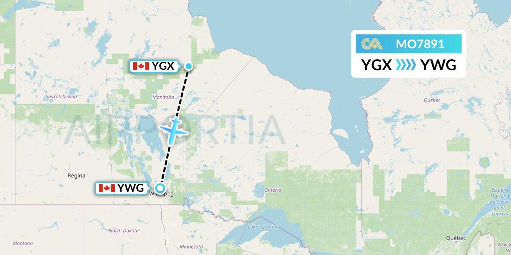 MO7891 Calm Air Flight Map: Gillam to Winnipeg