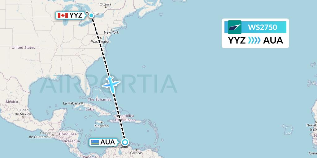 WS2750 WestJet Flight Map: Toronto to Oranjestad