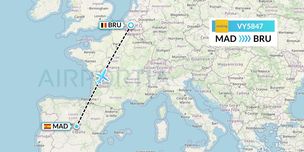 VY5847 Vueling Flight Map: Madrid to Brussels