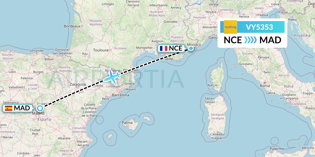 VY5353 Vueling Flight Map: Nice to Madrid