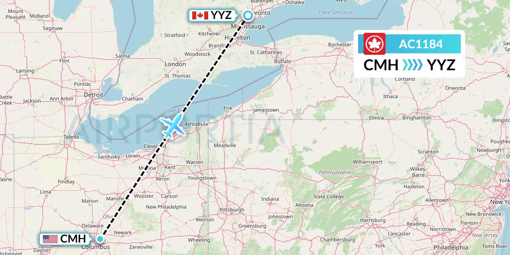 AC1184 Air Canada Flight Map: Columbus to Toronto