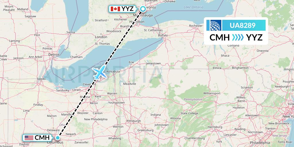 UA8289 United Airlines Flight Map: Columbus to Toronto