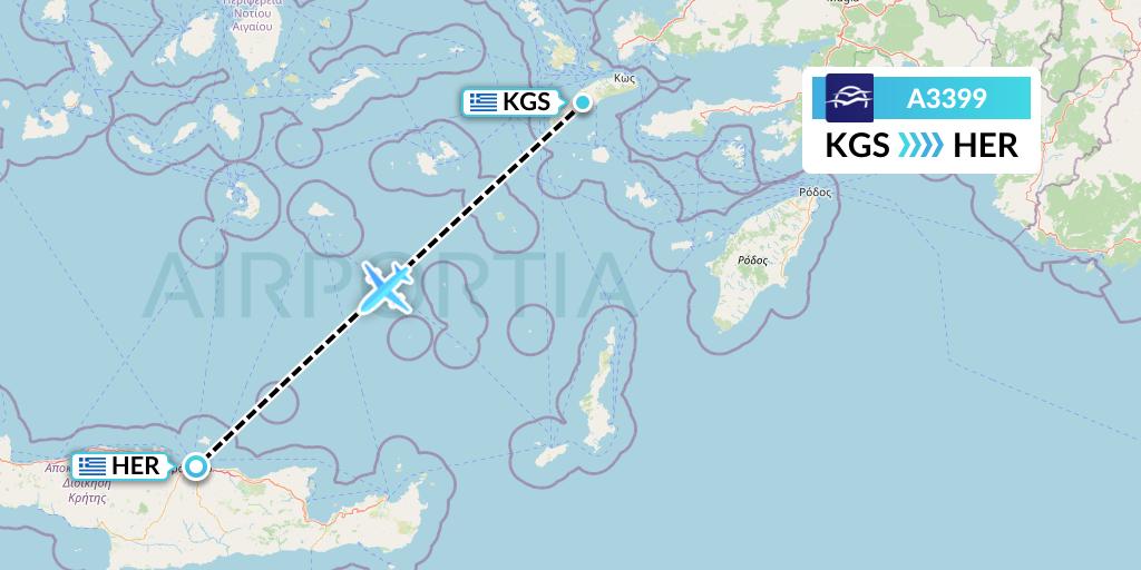 A3399 Aegean Airlines Flight Map: Kos to Heraklion