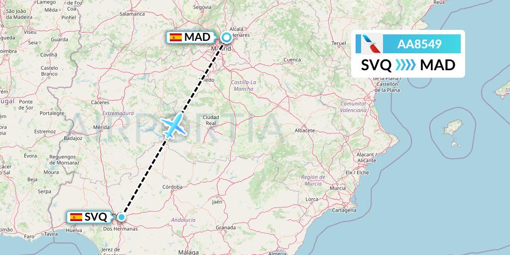 AA8549 American Airlines Flight Map: Seville to Madrid