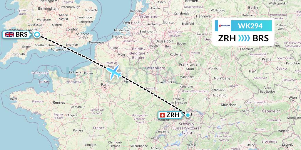 WK294 Edelweiss Air Flight Map: Zurich to Bristol