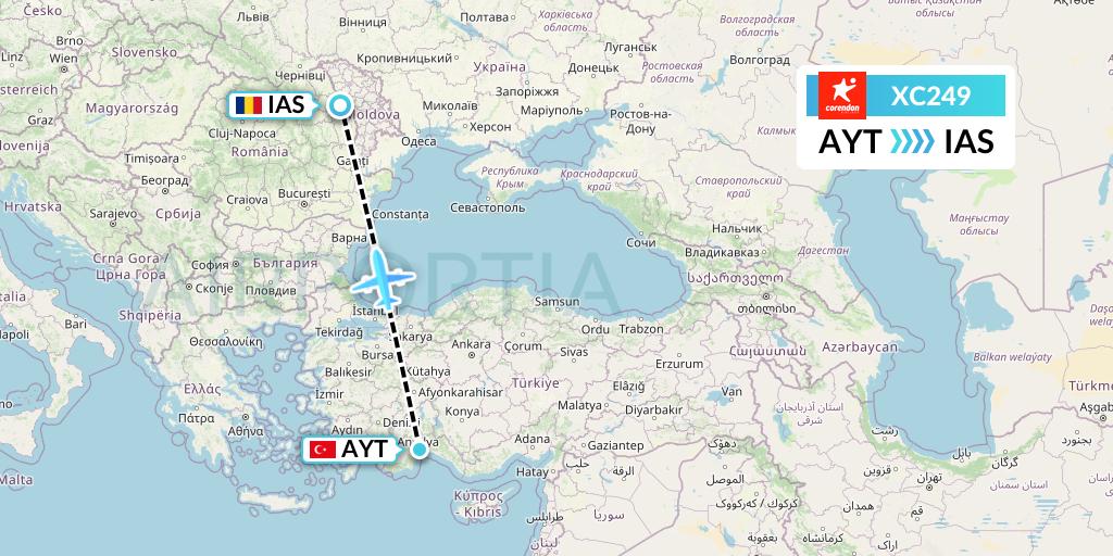 XC249 Corendon Airlines Flight Map: Antalya to Iasi