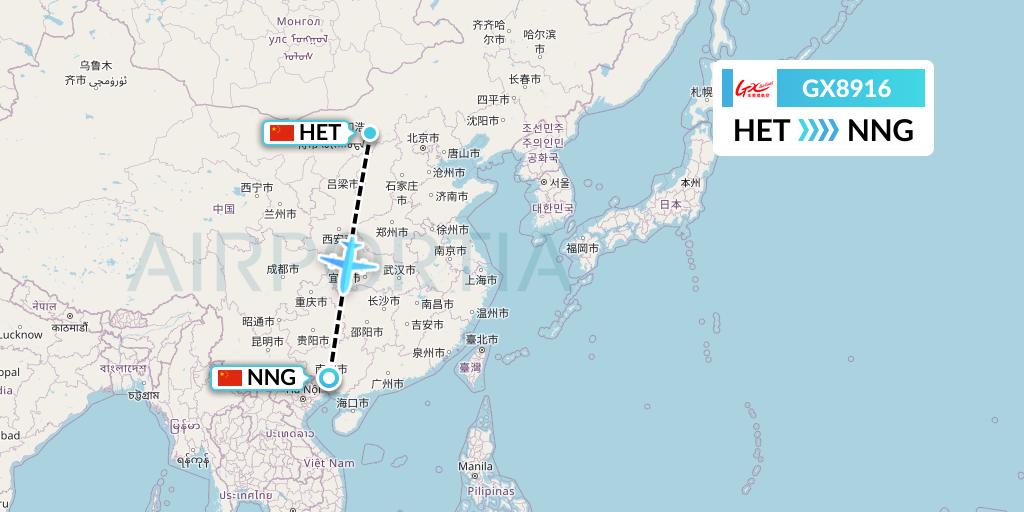 GX8916 GX Airlines Flight Map: Hohhot to Nanning