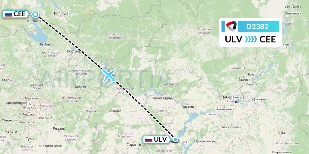 D2382 Severstal Aircompany Flight Map: Ulyanovsk to Cherepovets