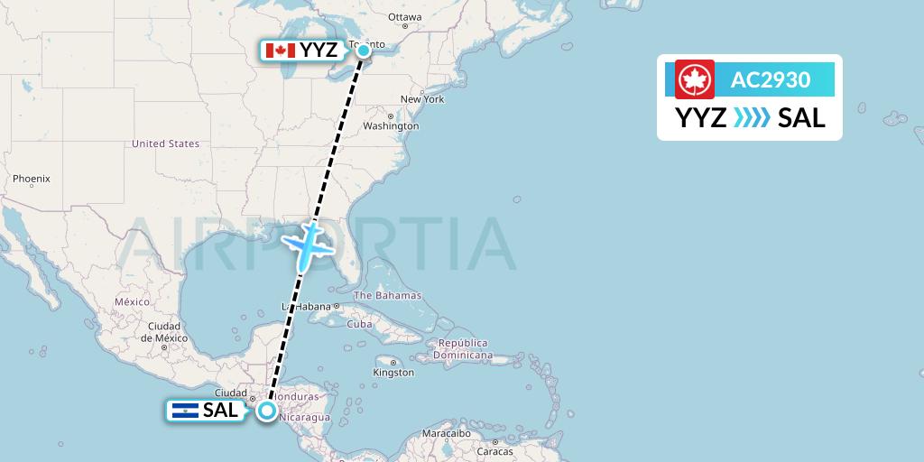 AC2930 Air Canada Flight Map: Toronto to San Salvador