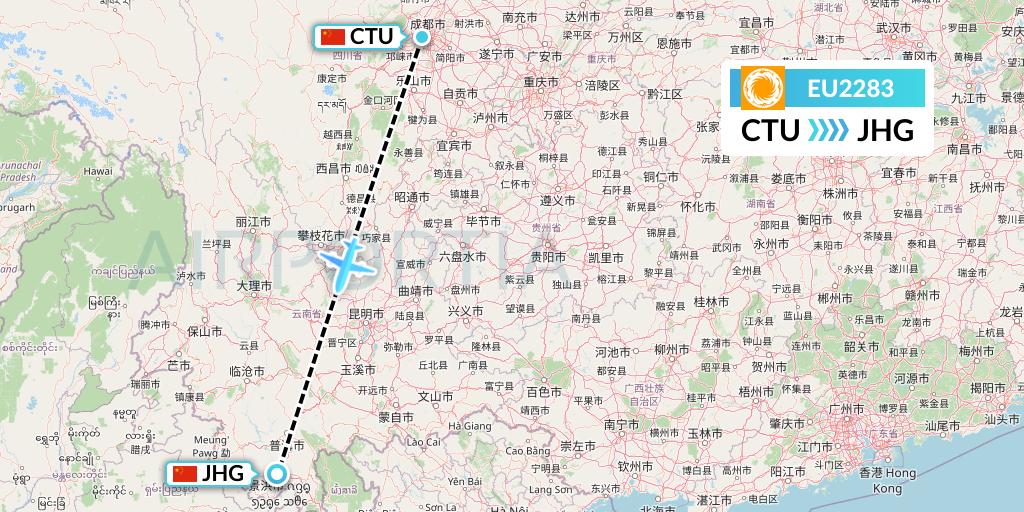 EU2283 Chengdu Airlines Flight Map: Chengdu to Jinghong