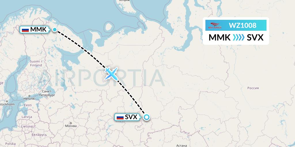 WZ1008 Red Wings Flight Map: Murmansk to Yekaterinburg