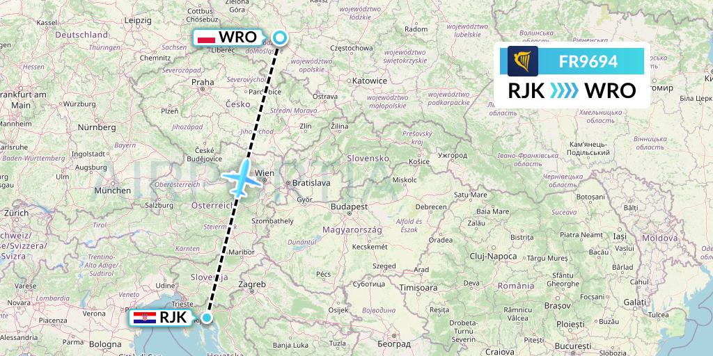 FR9694 Ryanair Flight Map: Rijeka to Wroclaw