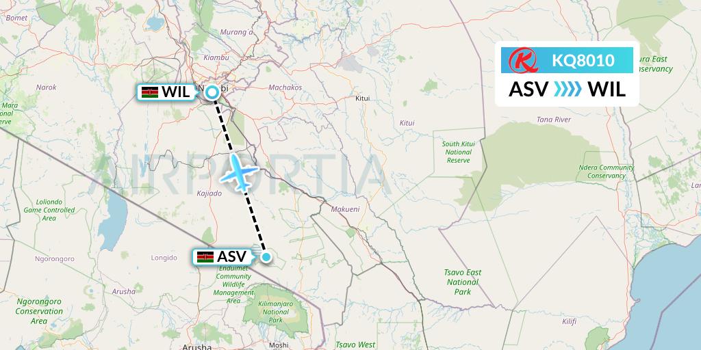 KQ8010 Kenya Airways Flight Map: Amboseli National Park to Nairobi