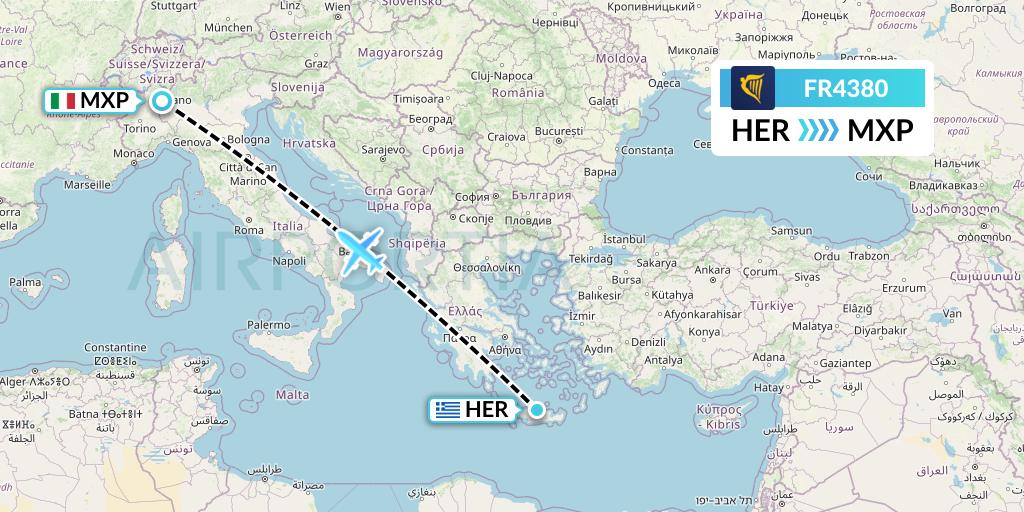 FR4380 Ryanair Flight Map: Heraklion to Milan