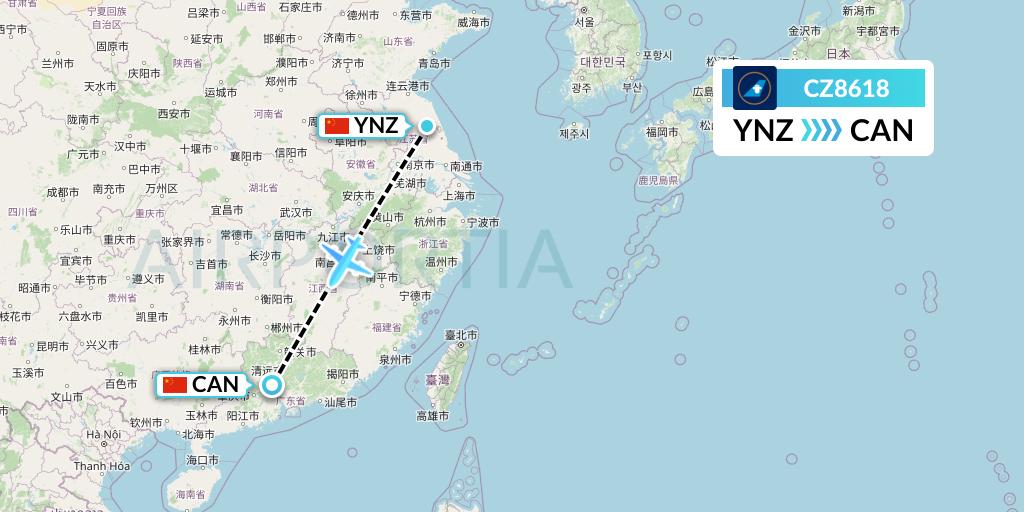 CZ8618 China Southern Airlines Flight Map: Yancheng to Guangzhou
