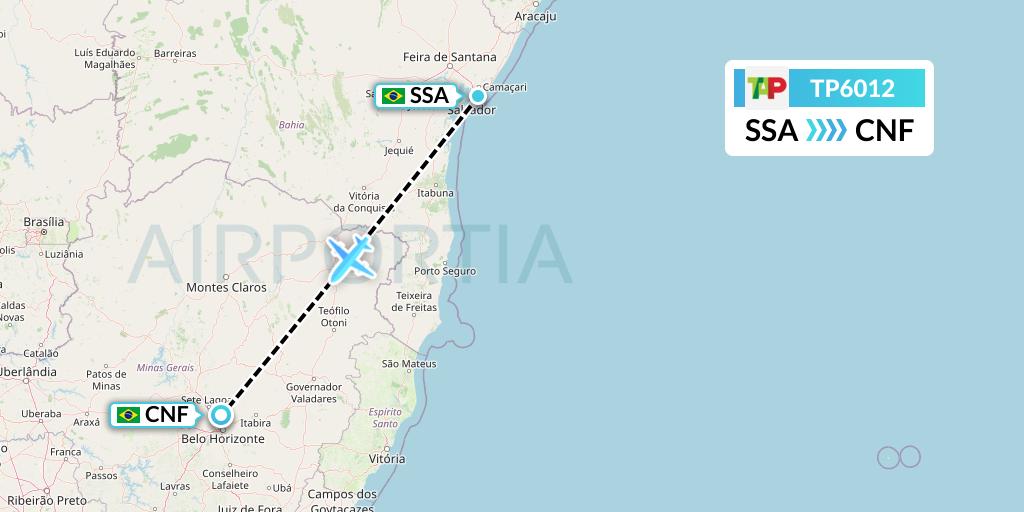 TP6012 TAP Portugal Flight Map: Salvador to Belo Horizonte