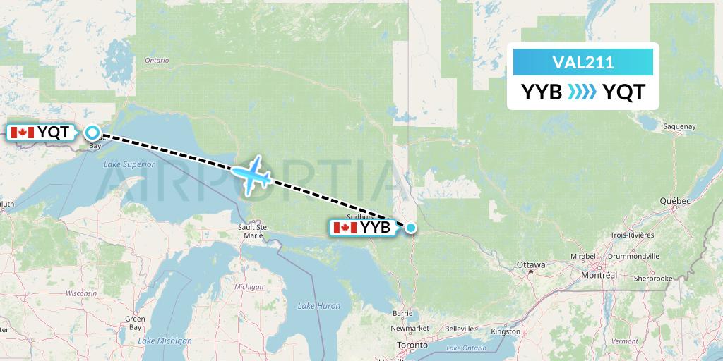 VAL211 Voyageur Airlines Flight Map: North Bay to Thunder Bay