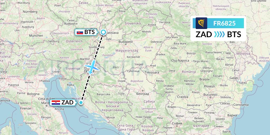 FR6825 Ryanair Flight Map: Zadar to Bratislava