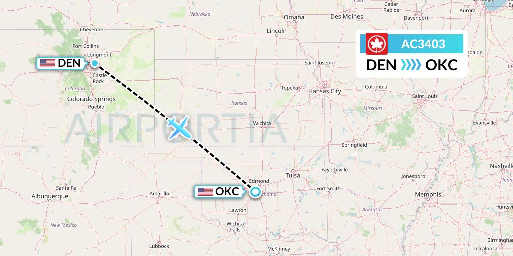 AC3403 Air Canada Flight Map: Denver to Oklahoma City