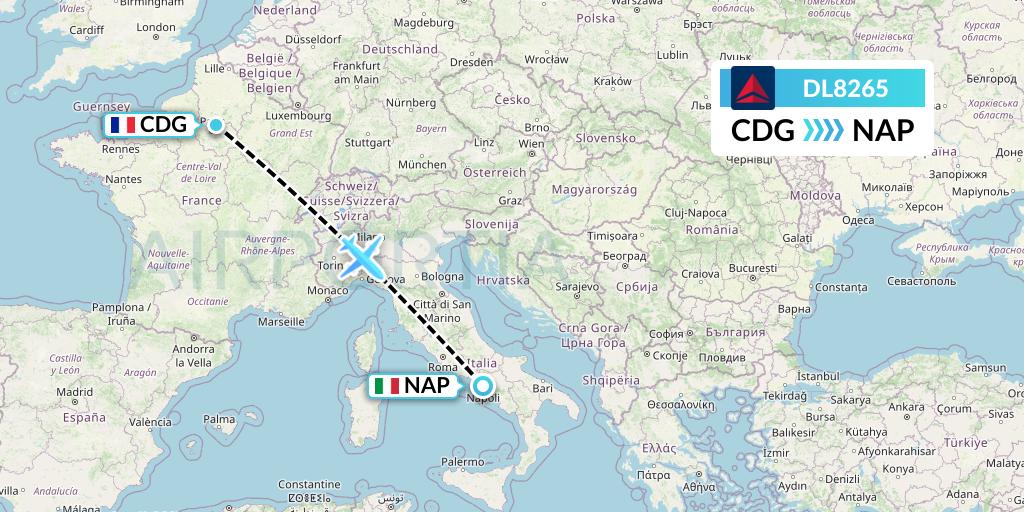DL8265 Delta Air Lines Flight Map: Paris to Naples