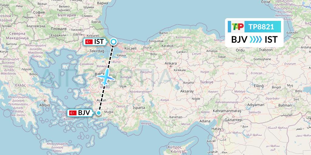 TP8821 TAP Portugal Flight Map: Bodrum to Istanbul