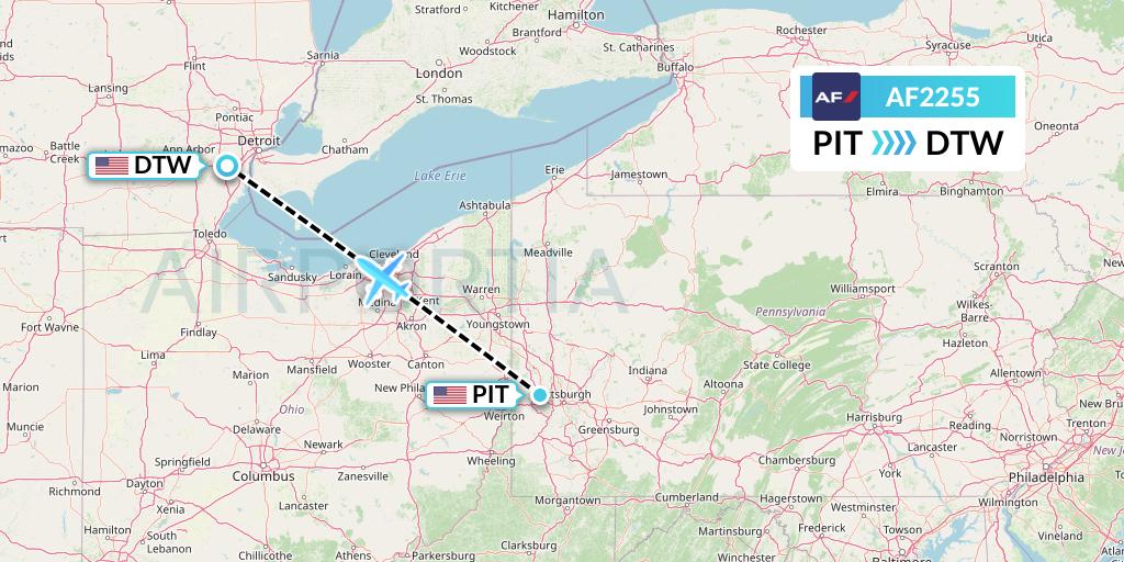 AF2255 Air France Flight Map: Pittsburgh to Detroit
